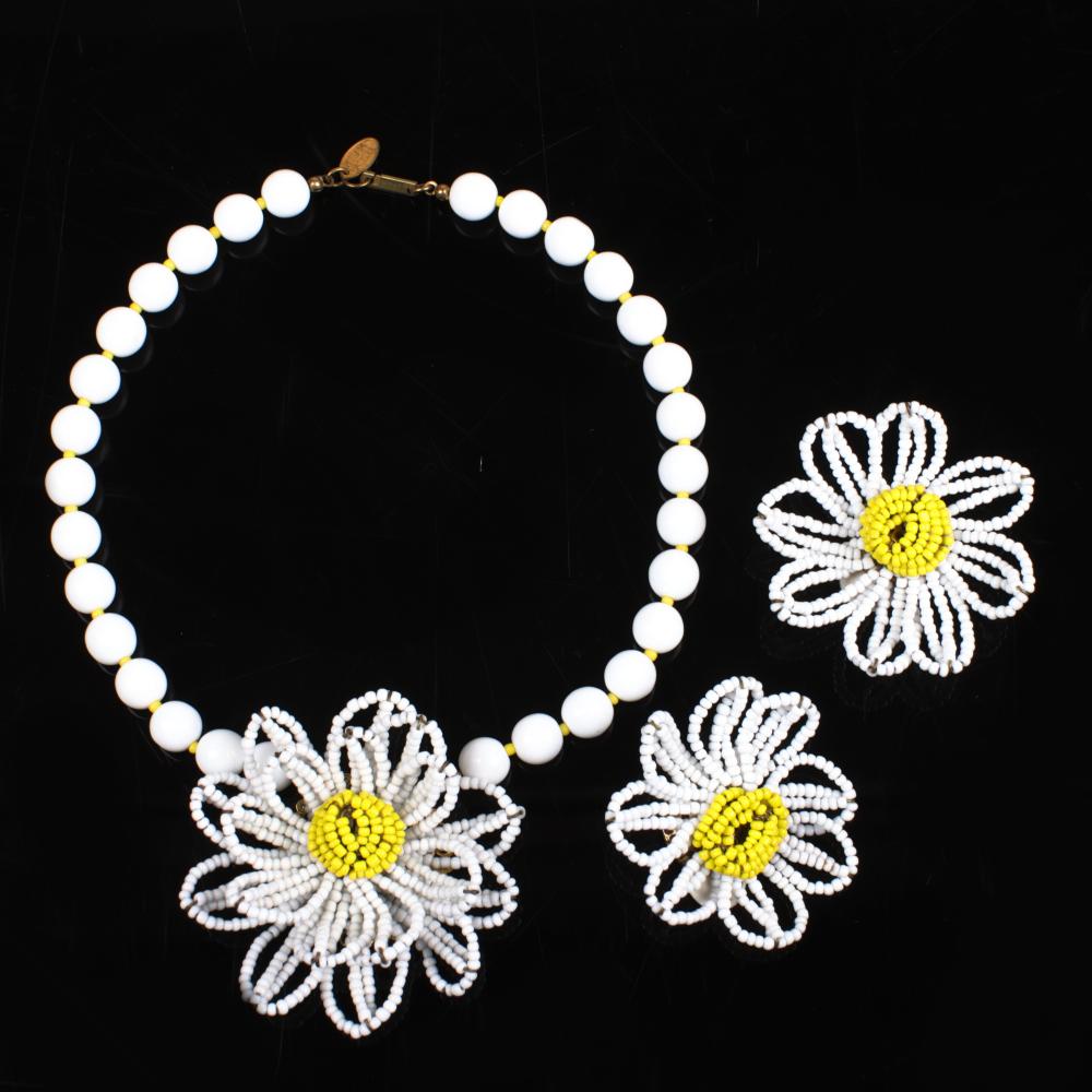 Appraisal: MIRIAM HASKELL WHITE DIMENSIONAL SEED BEAD FLORAL NECKLACE EARRING SET