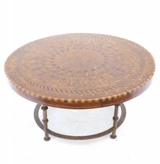 Appraisal: Low Round Marquetry Table with Iron Base Low round marquetry