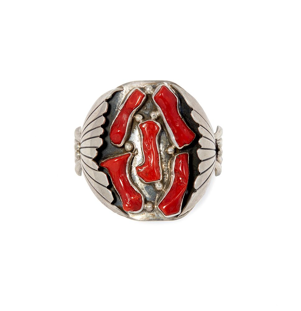 Appraisal: Navajo Sterling and Coral Cuff attrib Fred Baca Navajo sterling