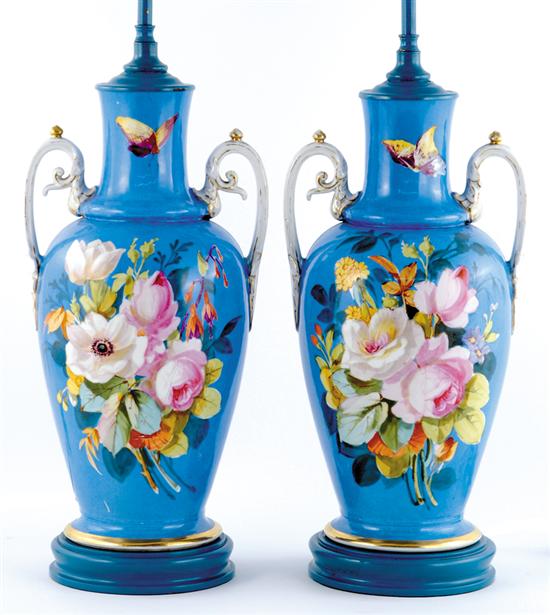 Appraisal: Pair Paris porcelain vases converted to lamps baluster form flanked