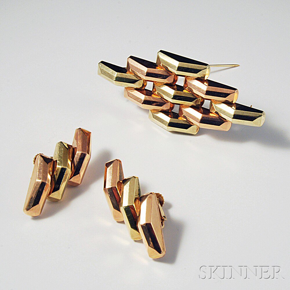 Appraisal: s kt Bicolor Gold Geometric Suite a brooch and pair