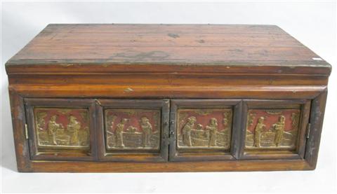 Appraisal: CHINESE CARVED AND PAINTED SMALL CHEST The rectangular top over