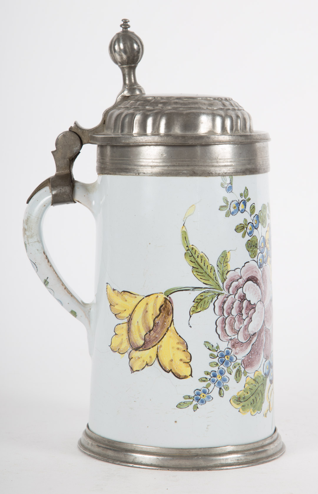 Appraisal: German pewter mounted faience stein early th century probably Nurnberg