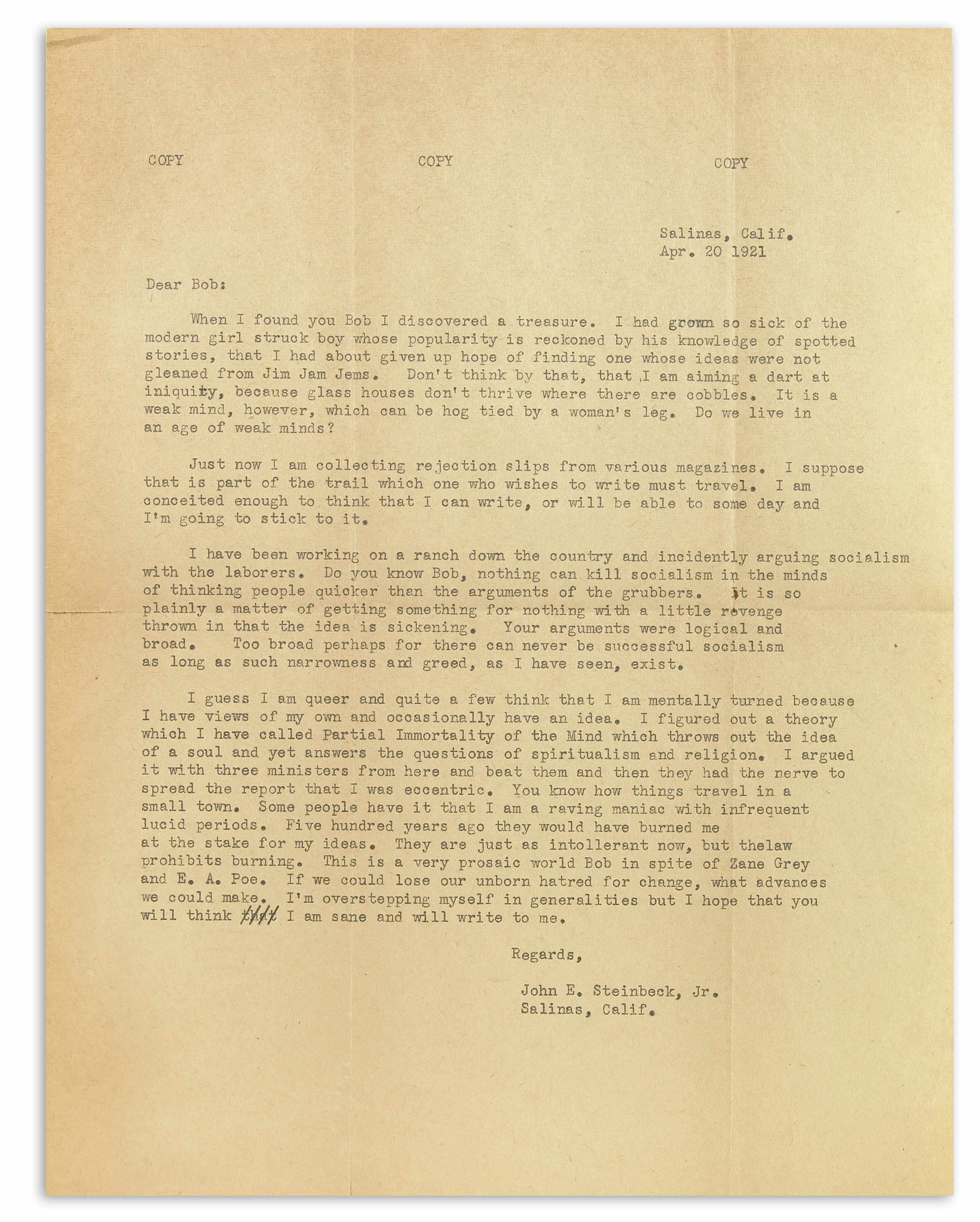 Appraisal: STEINBECK JOHN - Typed Letter p to Salinas April to