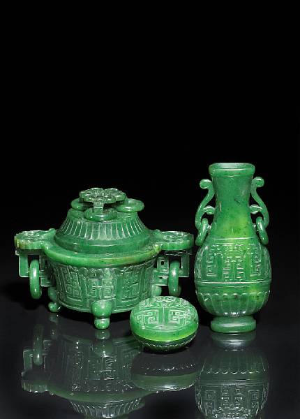 Appraisal: A rare and fine scholar's set of three moss-green jade