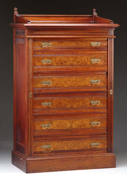 Appraisal: FINE BURL WALNUT SIX DRAWER LOCK SIDE CHEST Chest having