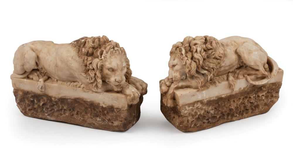 Appraisal: Pair of Italian Carved Marble Lions after Antonio Canova recumbent