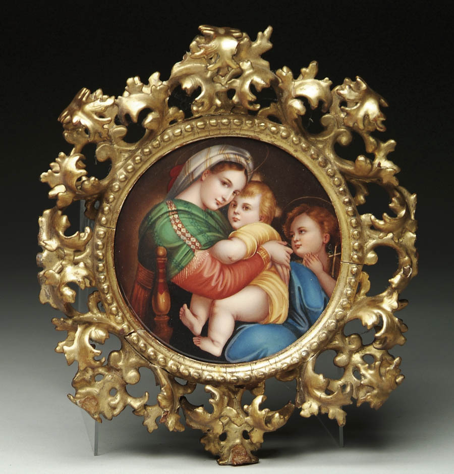 Appraisal: FINE OIL ON PORCELAIN PAINTING OF MADONNA AND CHILD Round