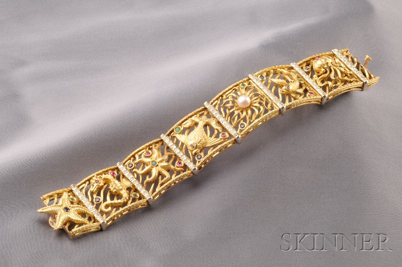 Appraisal: kt Gold and Gem-set Bracelet each link depicting a sea