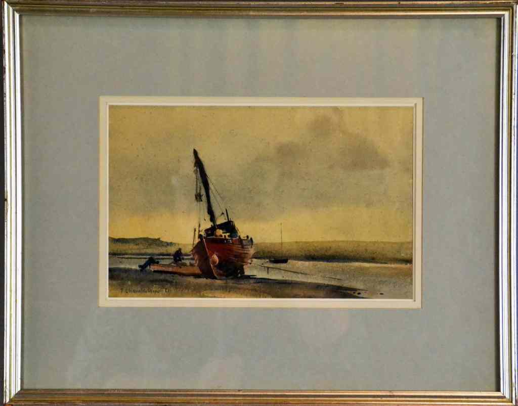 Appraisal: Trevor Chamberlain Watercolor Painting On PaperDepicting boats on shore with