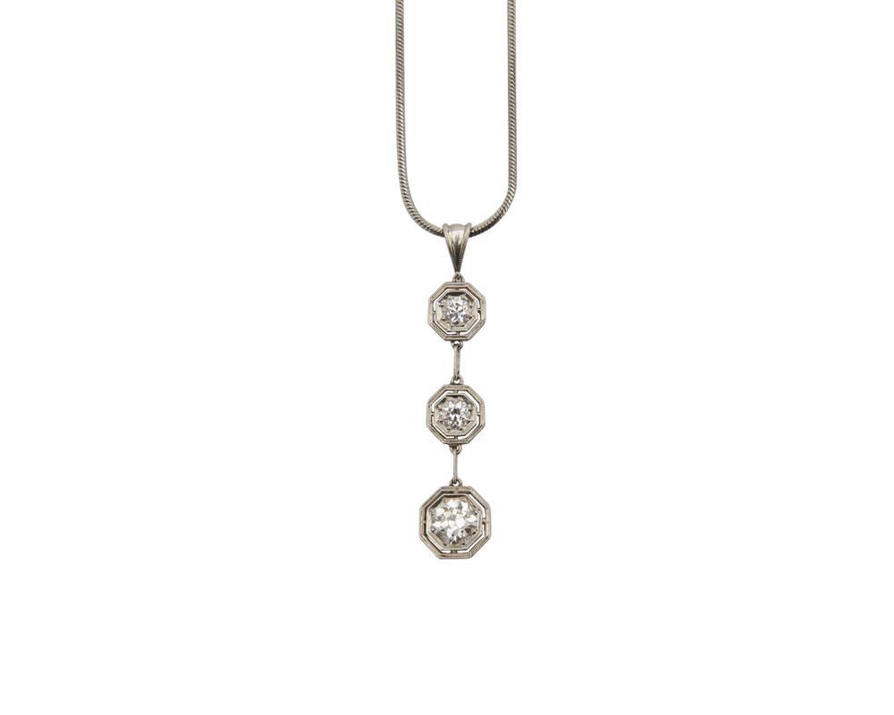 Appraisal: Platinum and Diamond Pendant suspending three transitional-cut diamonds weighing approx