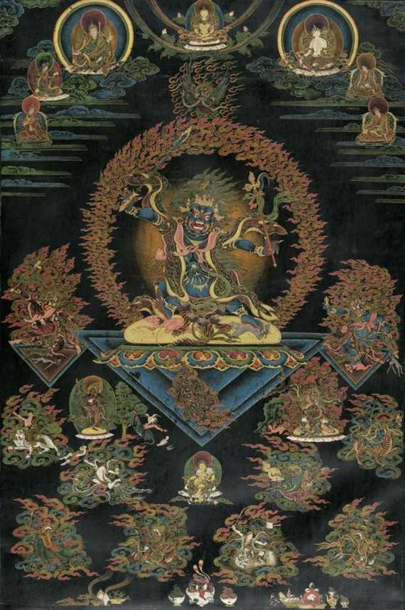 Appraisal: AN EXTRAORDINARY BLACK GROUND THANGKA OF GURU PEMA DRAGPO Tibet