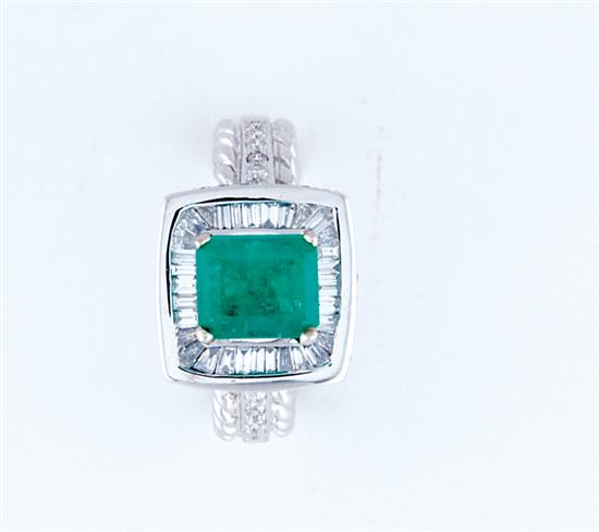 Appraisal: Emerald and diamond ring emerald-cut emerald ct surrounded with baguette-cut