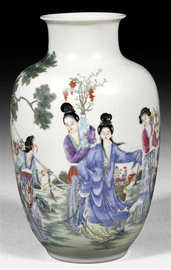 Appraisal: A FINE POLYCHROME PAINTED VASE WITH LADIES CARRYING AUSPICIOUS SYMBOLS