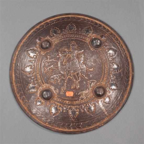 Appraisal: Indo-Persian inlaid and repousse iron buckler shield th century with