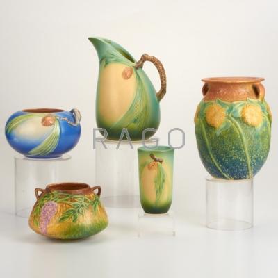 Appraisal: ROSEVILLE Five pieces Sunflower and Brown Wisteria vase Blue Pinecone