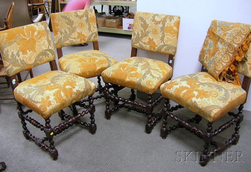 Appraisal: Set of Four Jacobean-style Brocade Upholstered Walnut Barley-twist Side Chairs