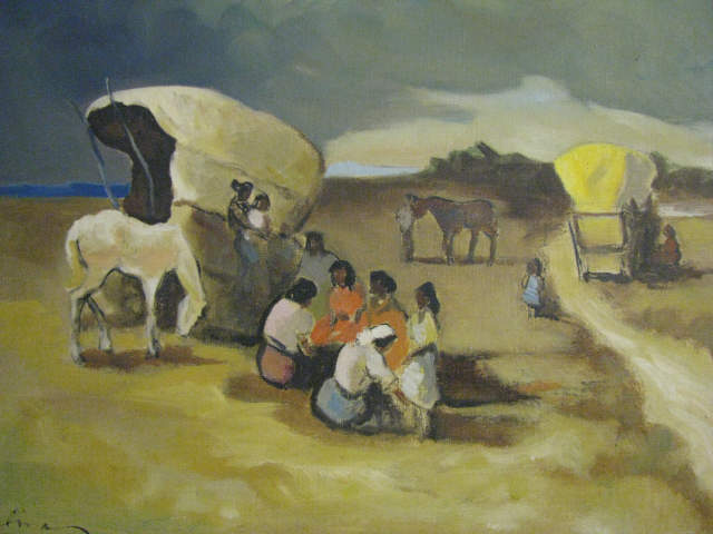 Appraisal: Oil on Canvas covered wagons along the trail signed Salina