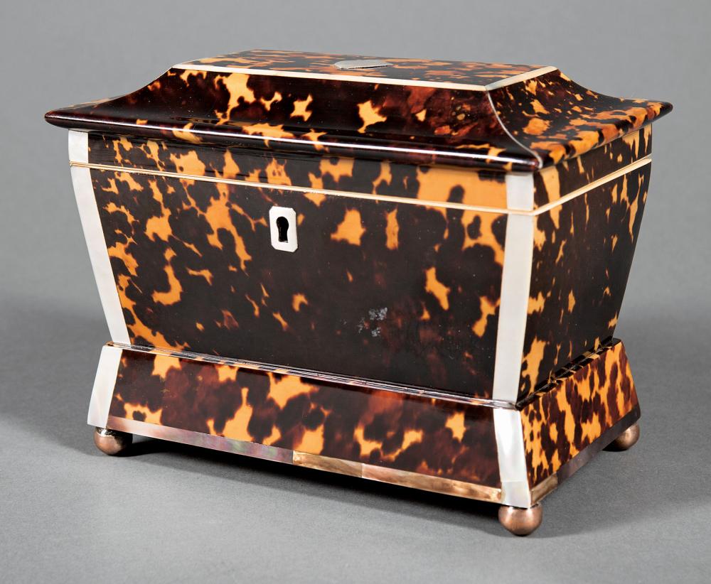 Appraisal: George III Mother-of-Pearl Inlaid Tortoiseshell Tea Caddy th c pagoda