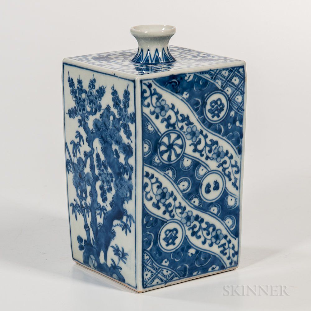 Appraisal: Square Blue and White Wine Bottle Square Blue and White