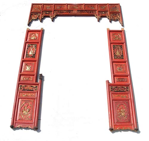 Appraisal: CHINESE RED LACQUER CARVED GILT WOOD PANELS panels join to