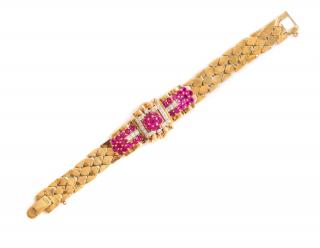 Appraisal: A Retro Bicolor Gold Ruby and Diamond Surprise Watch Mathey