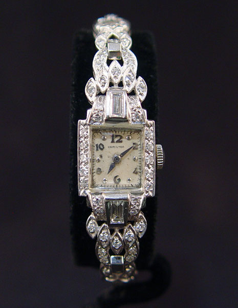 Appraisal: k WHITE GOLD LADIES HAMILTON DIAMOND DRESS WATCH baguette shaped