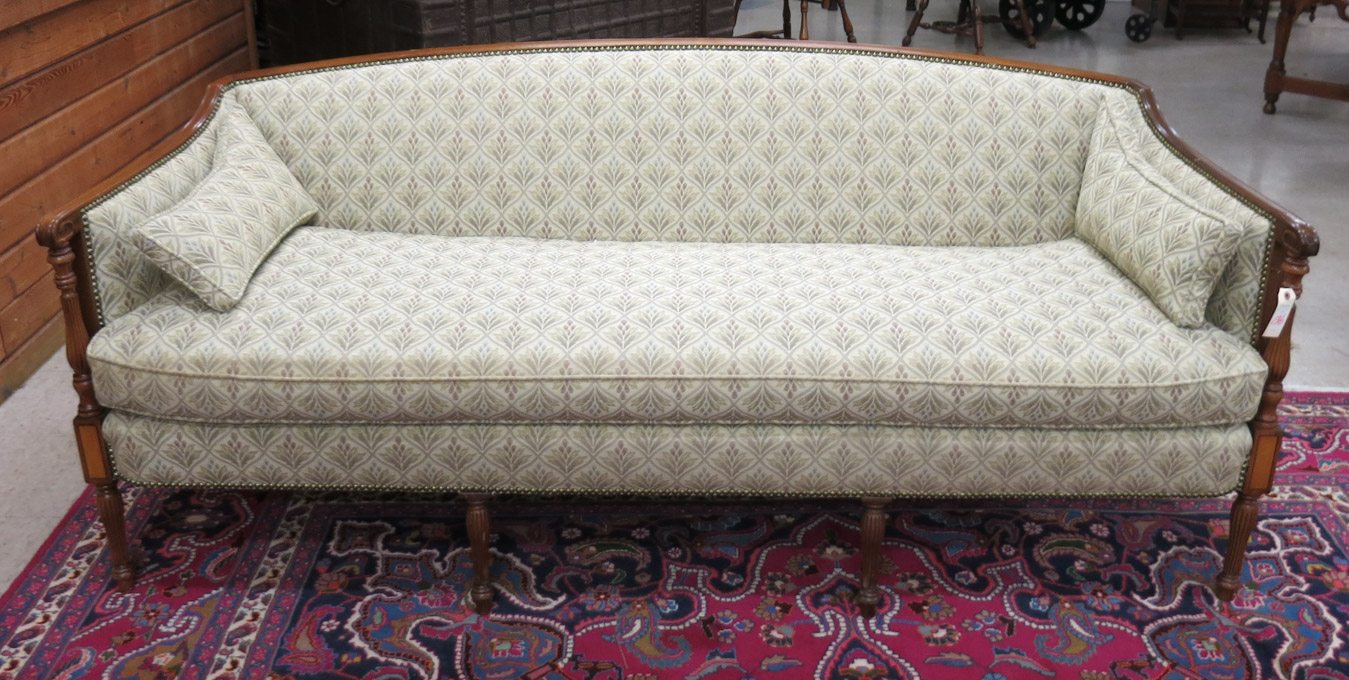 Appraisal: SHERATON STYLE TAPESTRY AND MAHOGANY SOFA American mid- th century