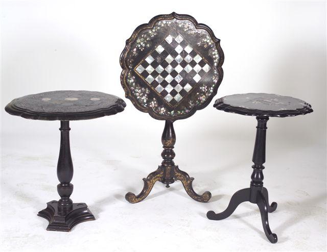 Appraisal: VICTORIAN PAPIER-MACHE TILT-TOP TRIPOD TABLE the circular scalloped top inlaid