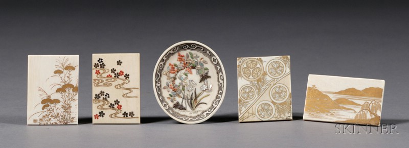 Appraisal: Five Inlaid Ivory Items Japan th century four miniature boxes