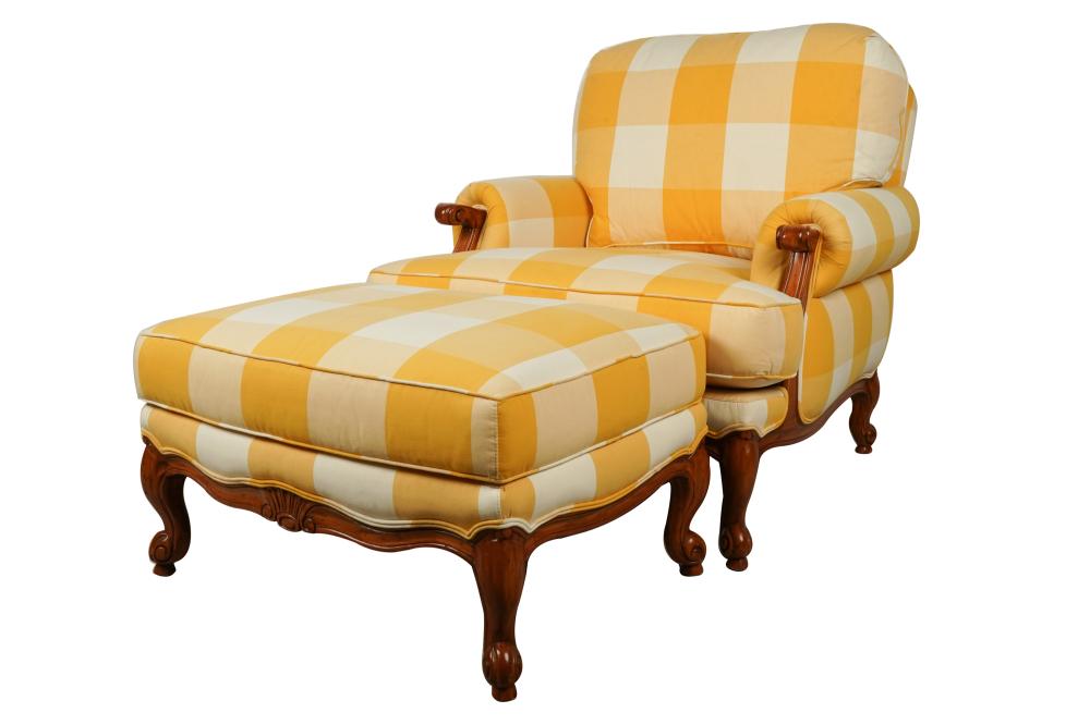 Appraisal: FRENCH PROVINCIAL STYLE CLUB CHAIR OTTOMANwith Calico COrners Custom Furniture