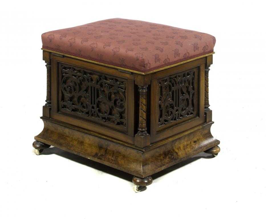 Appraisal: A VICTORIAN WALNUT CANTERBURY of enclosed type with upholstered lid