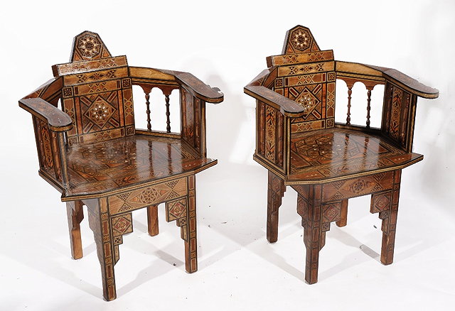 Appraisal: A PAIR OF DAMASCUS TYPE GEOMETRIC INLAID ARMCHAIRS