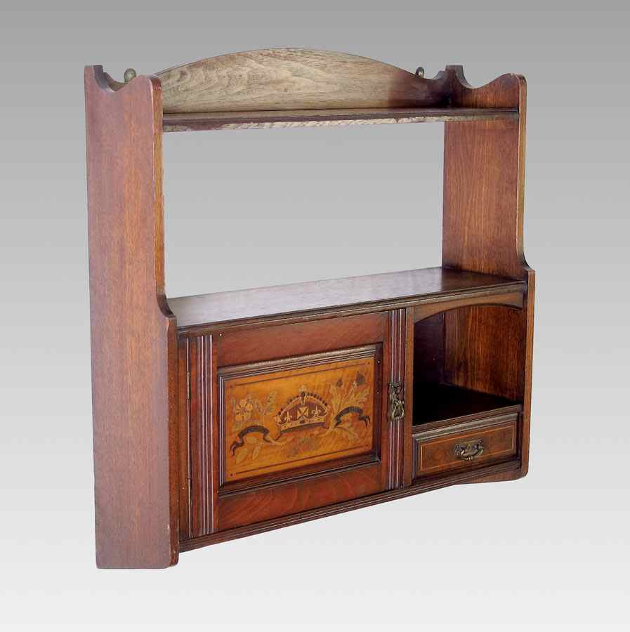 Appraisal: ENGLISH INLAID WALL SHELF Shaped gallery top shelf over open