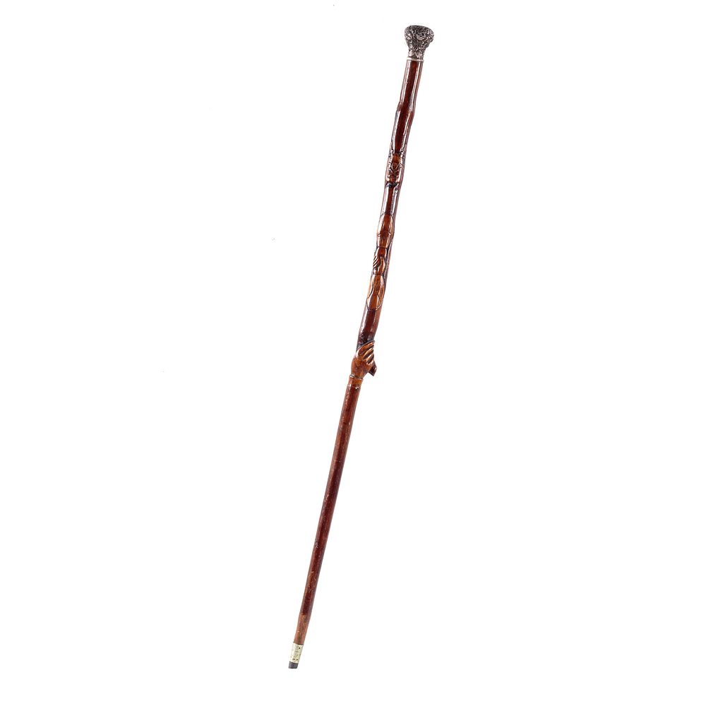 Appraisal: Carved Wood Fraternal Walking Stick Dated March interesting carved wood