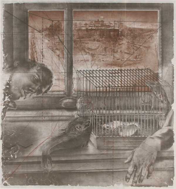 Appraisal: Large surrealist print on rice paper Magpie Caliber Indianapolis downtown