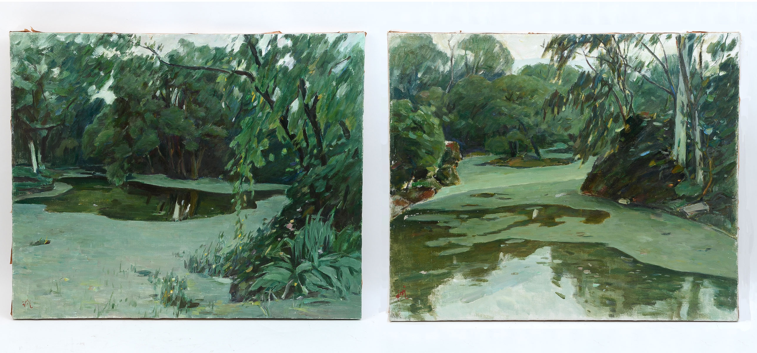 Appraisal: PAIR OF EXCEPTIONAL IMPRESSIONIST RIVER THEMED PAINTINGS ILLEGIBLY SIGNED Oils