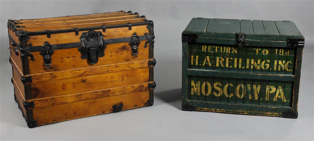 Appraisal: TWO TRUNKS INCLUDING A POLYCHROME PINE SLAT DELIVERY TRUNK AND