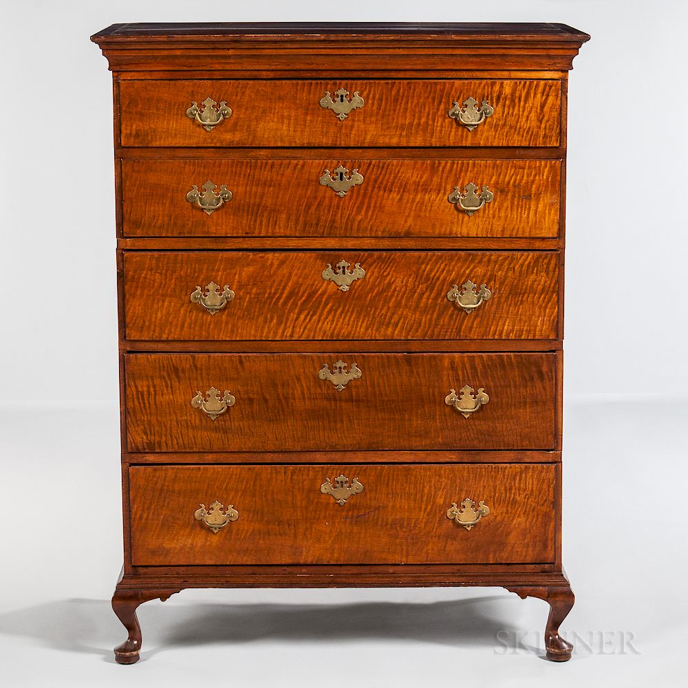 Appraisal: Tiger Maple Tall Chest of Five Drawers Tiger Maple Tall