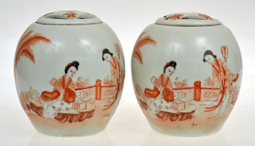 Appraisal: A PAIR OF CHINESE IRON RED DECORATED LIDDED POTS CM