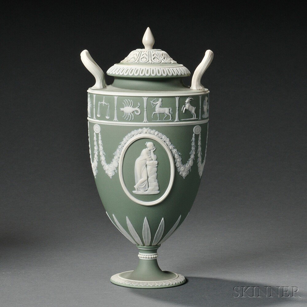 Appraisal: Wedgwood Green Jasper Dip Vase and Cover England mid- th