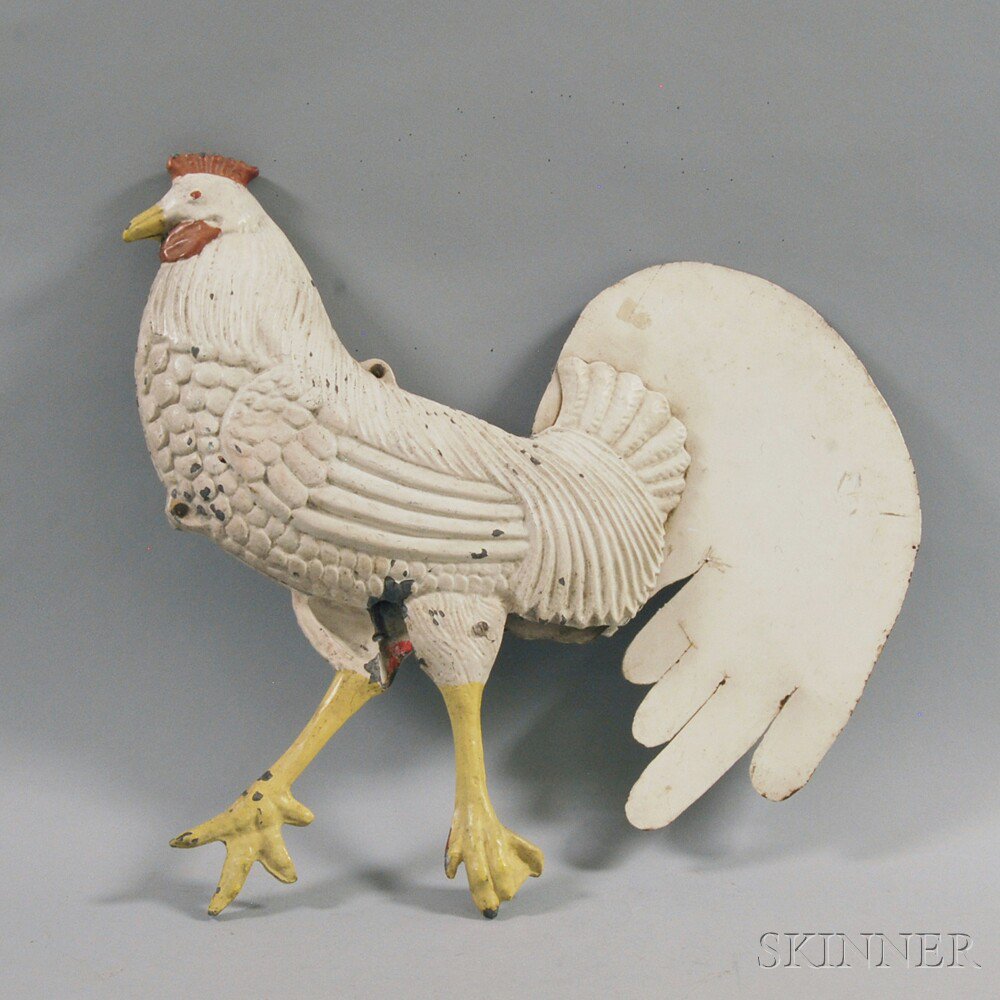 Appraisal: White-painted Cast Zinc Rooster Weathervane th century full-bodied rooster and