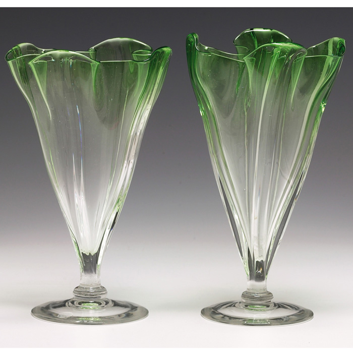 Appraisal: Steuben Grotesque vases two ruffled shape in Pomona Green to