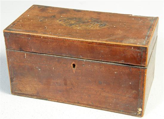 Appraisal: Regency mahogany rectangular tea caddy with inlaid bird decoration the