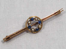 Appraisal: A carat gold sapphire and pearl bar brooch circa cm