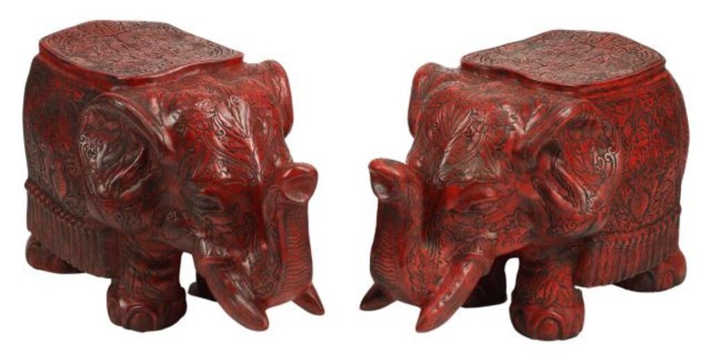 Appraisal: pair Chinese cinnabar elephant-form stools approx h l w