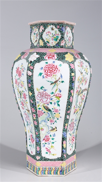 Appraisal: Large Chinese famille rose enameled porcelain faceted vase with birds