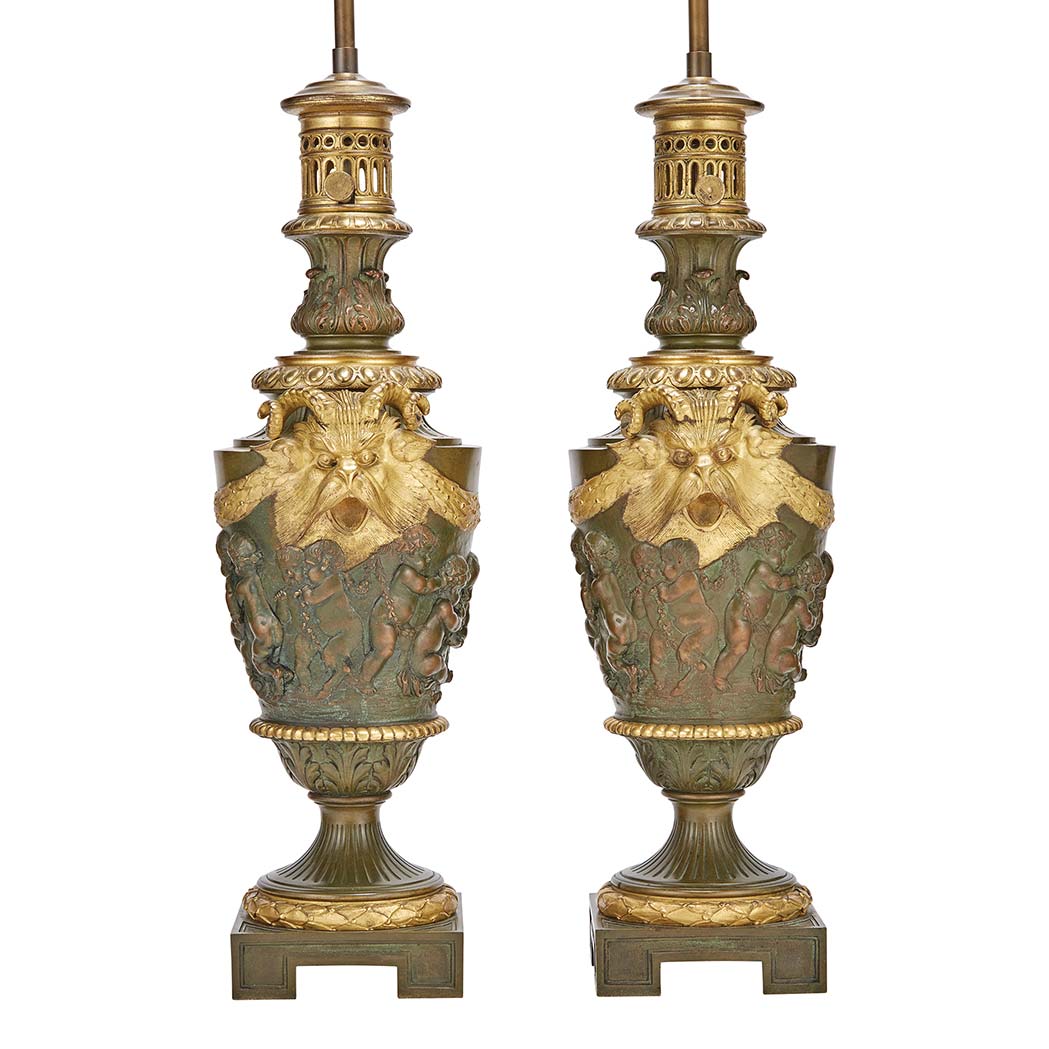 Appraisal: Pair of Louis XVI Style Gilt and Patinated-Bronze Lamps Each