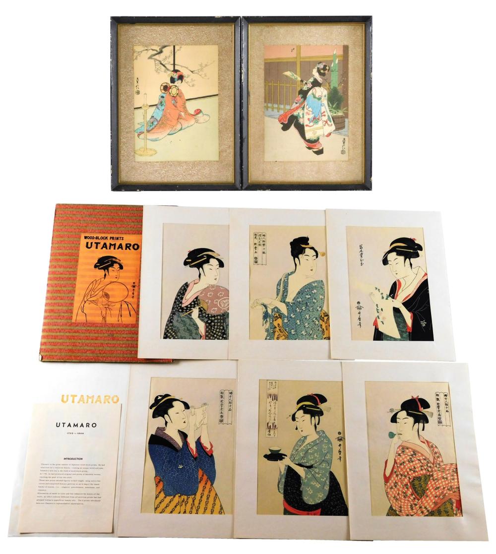 Appraisal: Eight Japanese woodblock prints two framed images of women by