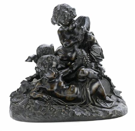 Appraisal: AFTER CLODION PAN PLAYING WITH PUTTI Bronze on an oval